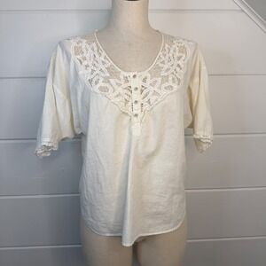 VTG Allison Rhea‎ Large Lace Short Sleeve Shirt White Cotton V Neck Minimalist
